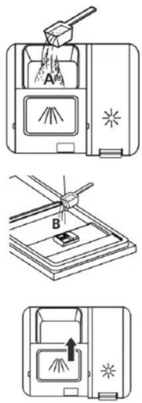 Diagram illustrating three steps of a device's cleaning process: opening, using a tool, and exiting with a lid.