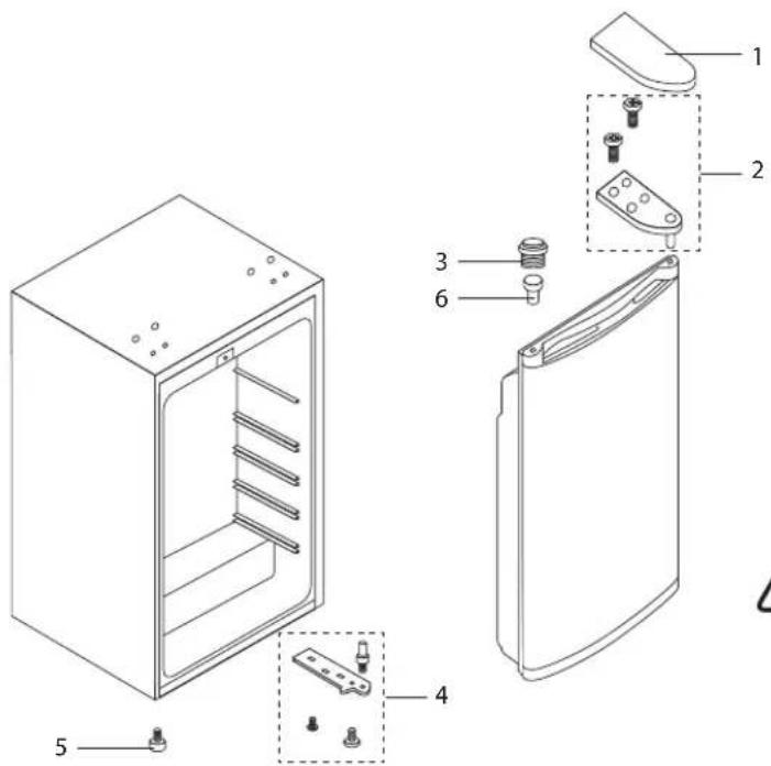 Exploded view diagram of a refrigerator with numbered parts for identification