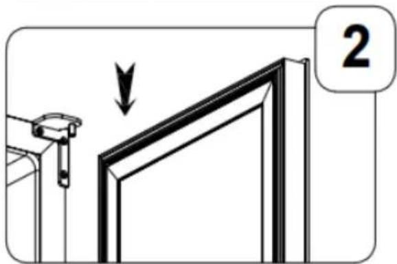 Diagram showing a door lock mechanism with a downward arrow and label '2' indicating step 2
