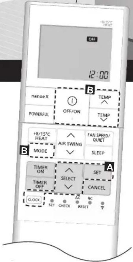 +8/15°C HEAT OFF 12:00 nanoeX OFF/ON TEMP POWERFUL TEMP +8/15°C HEAT MODE AIR SWING FAN SPEED/ QUIET SLEEP TIMER ON SELECT SET TIMER OFF CANCEL CLOCK SET CHECK AC RC RESET