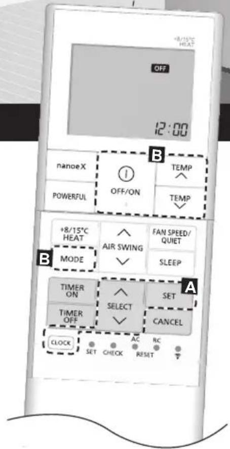 OFF 12:00 B nanoeX OFF/ON TEMP POWERFUL TEMP +8/15°C HEAT AIR SWING FAN SPEED/ QUIET MODE SLEEP A TIMER ON SELECT SET TIMER OFF CANCEL CLOCK SET CHECK AC RC RESET
