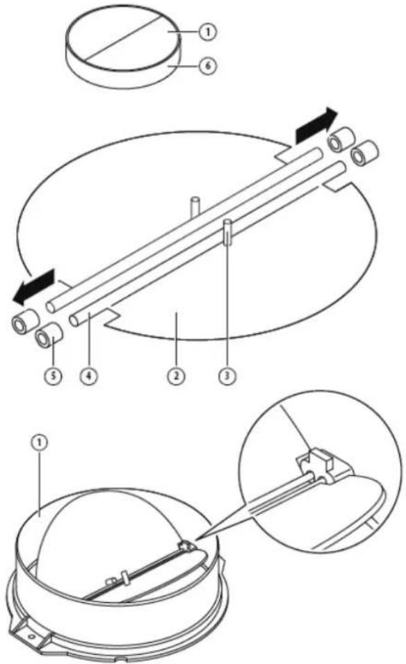 Technical diagram illustrating a mechanical assembly with numbered components and directional arrows indicating motion or assembly.