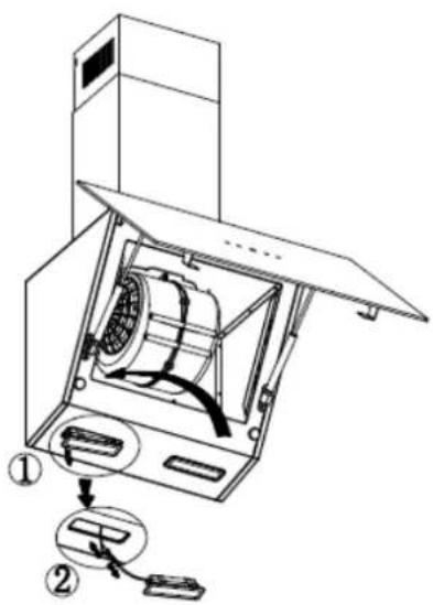 Technical diagram of an air conditioner unit with labeled components and directional arrows indicating parts of the casing.