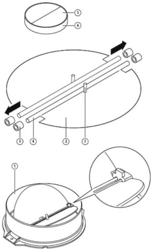 Technical diagram illustrating a mechanical assembly with numbered components and directional arrows indicating motion or assembly.
