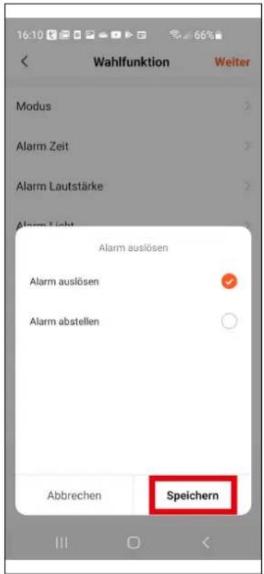 16:10 Wahlfunktion Weiter Modus Alarm Zeit Alarm Lautstärke Alarm Licht Alarm auslösen Alarm auslösen Alarm abstellen Abbrechen Speichern