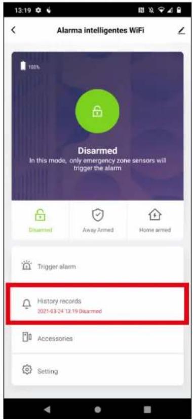 13:19 Alarma intelligentes WiFi Disarmed In this mode, only emergency zone sensors will trigger the alarm Disarmed Away Armed Home armed Trigger alarm History records 2021-03-24 13:19 Disarmed Accessories Setting