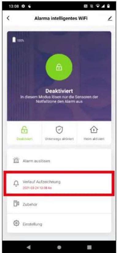 13:08 Alarma intelligentes WiFi Deaktiviert In diesem Modus lösen nur die Sensoren der Notfallzone den Alarm aus Deaktiviert Unterwegs aktiviert Heim aktiviert Alarm auslösen Verlauf Aufzeichnung 2021-03-24 13.08 An Zubehör Einstellung