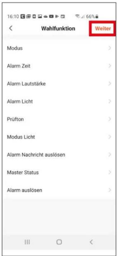 16:10 Wahlfunktion Weiter Modus Alarm Zeit Alarm Lautstärke Alarm Licht Prüfton Modus Licht Alarm Nachricht auslösen Master Status Alarm auslösen