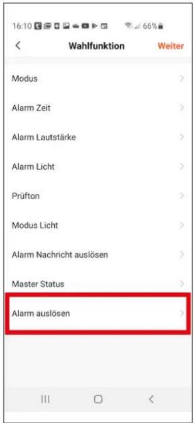 16:10 Wahlfunktion Weiter Modus > Alarm Zeit > Alarm Lautstärke > Alarm Licht > Prüfton > Modus Licht > Alarm Nachricht auslösen > Master Status > Alarm auslösen >