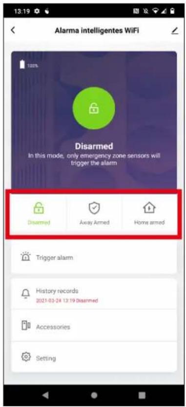 13:19 Alarma intelligentes WiFi Disarmed In this mode, only emergency zone sensors will trigger the alarm Disarmed Away Armed Home armed Trigger alarm History records 2021-03-24 13:19 Disarmed Accessories Setting