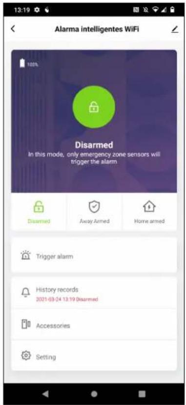 13:19 Alarma intelligentes WiFi Disarmed In this mode, only emergency zone sensors will trigger the alarm Disarmed Away Armed Home armed Trigger alarm History records 2021-03-24 13:19 Disarmed Accessories Setting