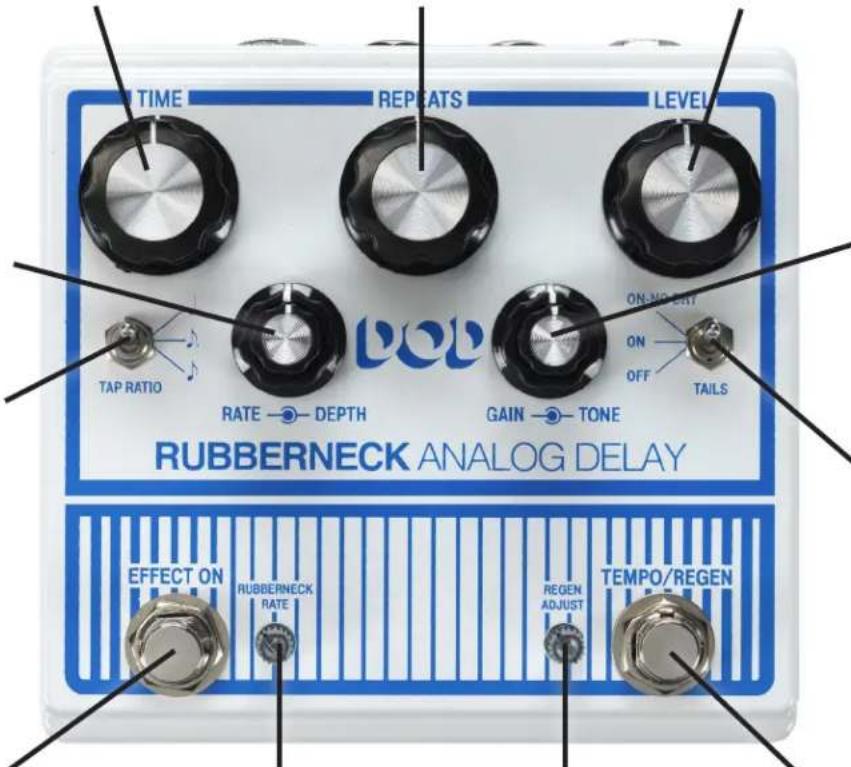 TIME REPEATS LEVEL TAP RATIO RATE —— DEPTH ON-NOT ENI ON OFF TAILS GAIN —— TONE RUBBERNECK ANALOG DELAY EFFECT ON RUBBERNECK RATE REGEN ADJUST TEMPO/REGEN