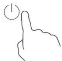 Simple line drawing of a hand pressing a button with a power symbol (no text or labels)