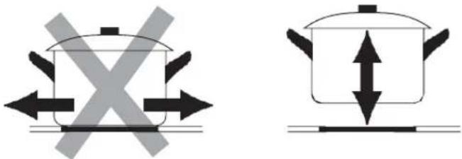 Two cooking pots with crossed arrows indicating opposing pressure, one with crossed-out pan and the other with straight legs (no text or symbols)