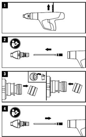 Diagram showing four-step assembly steps of a hairdryer tool, labeled 1 to 4 with directional arrows and component illustrations.