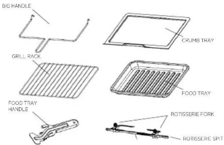 BIG HANDLE GRILL RACK FOOD TRAY HANDLE CRUMB TRAY FOOD TRAY ROTISSERIE FORK ROTISSERIE SPIT