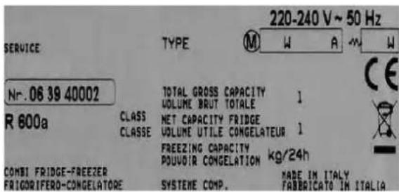 220-240 V ~ 50 Hz SERVICE TYPE M W A M W Nr. 06 39 40002 R 600a CLASS TOTAL GROSS CAPACITY VOLUME BRUT TOTALE 1 CLASSE NET CAPACITY FRIDGE VOLUME UTILE CONGELATEUR 1 FREEZING CAPACITY kg/24h POUVOIR CONGELATION COMBI FRIDGE-FREEZEER FRIGORIFERO-CONGELATORE SYSTEME COMP. MADE IN ITALY FABRICATO IN ITALIA