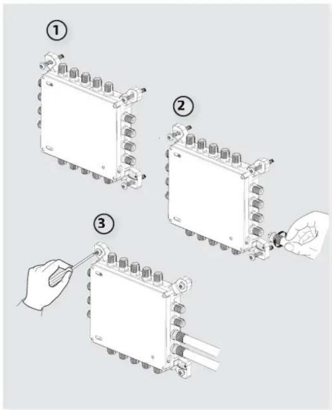 Diagram showing three steps of a mechanical or electrical component assembly, labeled ①, ②, and ③.