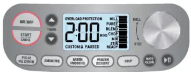 ON! OFF START CANCEL TIMER OVERLOAD PROTECTION 2:00 CUSTOM & PAUSED MILL PUREE BLEND MINS CHOP MIX STIR READY MILL STIR PULSE ICE CRUSH SMOOTHIE GREEN SMOOTHIE FROZEN DESSERT SOUP MAYD CLEAN