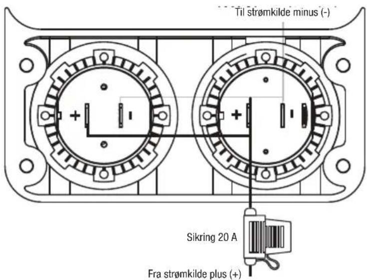 Til strømkilde minus (-) Sikring 20 A Fra strømkilde plus (+)