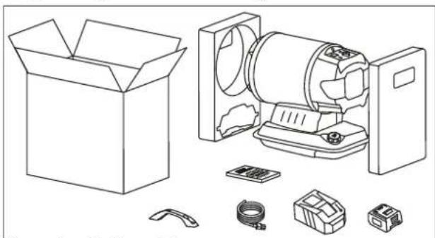 Line drawing of an open cardboard box and its internal components including a motor, battery pack, and coiled cable (no text or symbols)