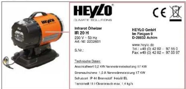 Heylo IR 20 H - Type plates - 1