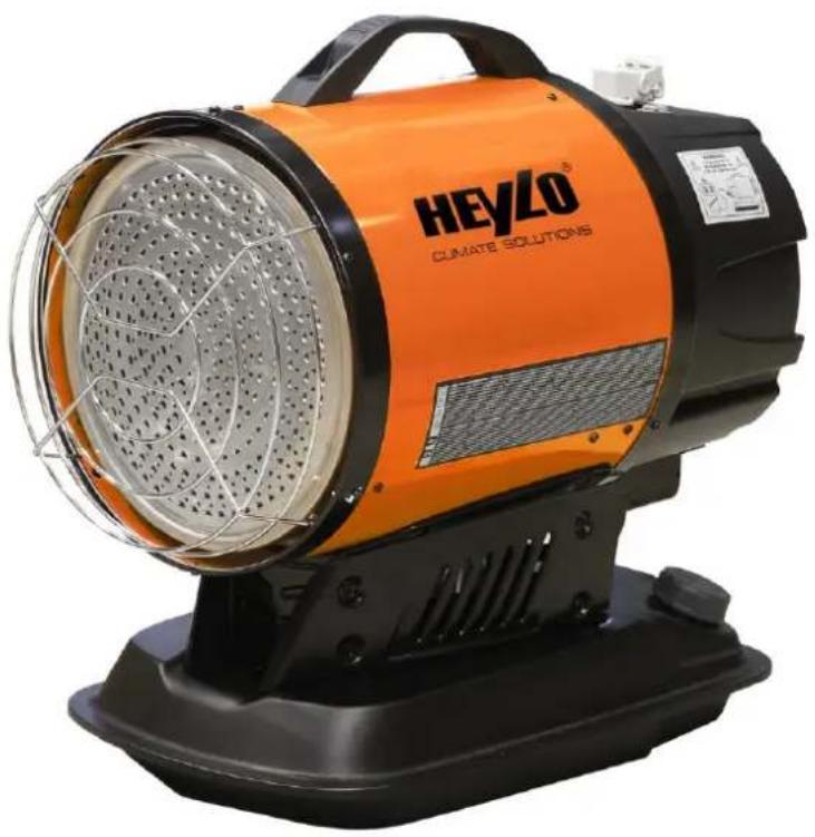Orange HEYLO Climate Solutions lighting device with mesh grille and black base (no visible text or symbols on body)