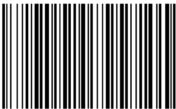 Black and white barcode image with vertical lines and a small central mark