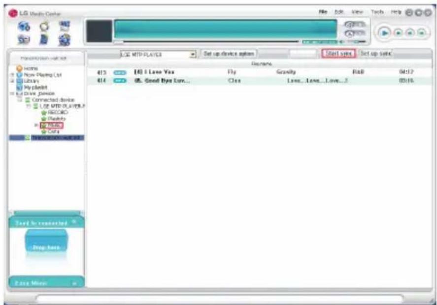 LG Audio Center File Edit View Tools Help LOG MTP PLAYERS Set up device option Start menu Set up menu Home Now Playing List Library My planet Live Drive Person Connected device Live MTP PLAYERS? RECORD Playbox Live Text in connected Drop less Easy More 413 [4] I Love You Fly Gravity Roll 04:12 414 [8] Good Buy Low... Close Love... Love... Love... 2 05:16