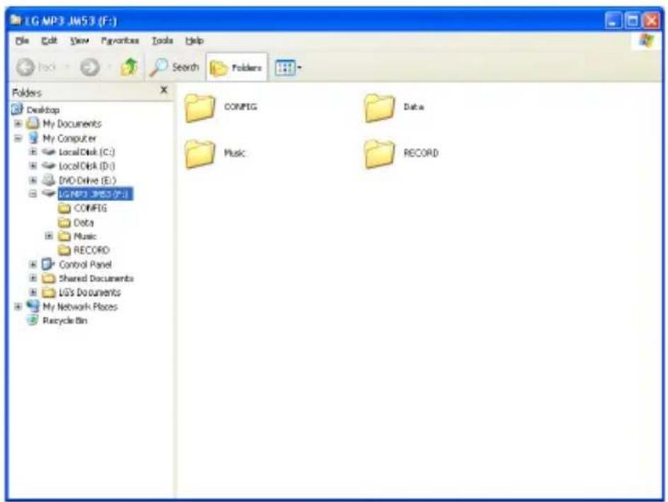 LG MP3 JW53 (F:) File Edit View Favorites Tools Help Back Search Folders Folders Desktop My Documents My Computer Local Disk (C:) Local Disk (D:) DVD Drive (E:) LOGMP3 .JPM3 .PU1 CONFIG Data Music RECORD Control Panel Shared Documents UG's Documents My Network Places Recycle Bin CONFIG Data Music RECORD