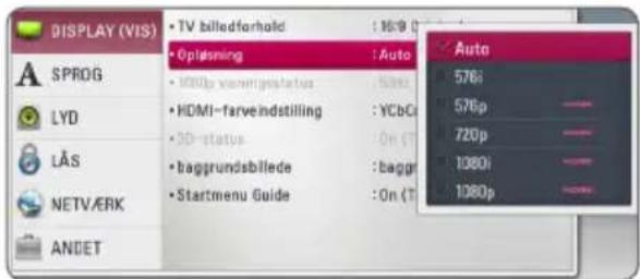 DISPLAY (VIS) • TV billedforhold : 169 • Oplasning : Auto • HDMI-veeringsstatus : 500 • HDMI-farveindstilling : YCbCi • 3D-status : On (T) • baggrundsbillede : baggr • Startmenu Guide : On (T) Auto 578i 576p 720p 1080i 1080p SPROG LYD LÄS NETV/ERK ANDET