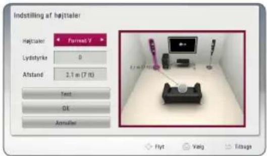 Indstilling af højttaler Højttaler Format V Lydstyrke 0 Afstand 2,1 m (7 ft) Text OK Annulier Flyt Valg Titbage