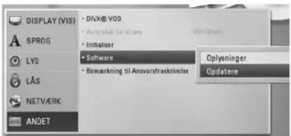 DISPLAY (VIS) SPROG LYD LAS NETVARK ANDET DIVX® VDD Australia for States Initialiser Software Bemarkning til Ansvarsfraskrivelse Oplysninger Opdatere