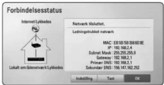 Forbindelsesstatus Internet:Lykkedes Lokalt områdenetvark:Lykkedes Netvark tisluttet. Ledningstruktur netvark MAC: EB:58:58:88:60:8E IP: 192.168,2,4 Subnet Mask: 255.255.255.0 Gateway: 192.168,2,1 Primer DNS: 192.168,2,1 Sekundar DNS: 156.147.162.252 Instilling Test OK