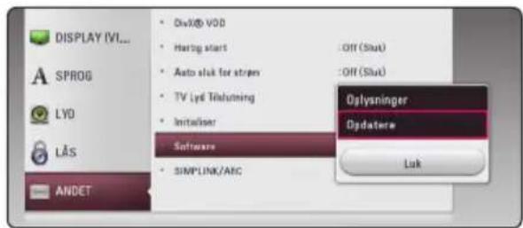 DISPLAY (VI... SPROG LYD LAS ANDET • OnV® VOD • Haring start • Auto sluk for strøpen • TV Lyd Trælning • Initialiser Software • SIMPLINK/AIC Off (Slut) Off (Slut) Oglysninger Dgdatere Luk