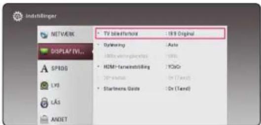 Indstillinger NETWORK DISPLAY IVI... SPIDG LVS LAS ANDET • TV blade footprint : 199 Original • Dblanking : Auto 100% white pixels: 100% • HDMI - frameinstilling : TCSO 20+ status : On (Tand) • Startners Guide : On (Tand)