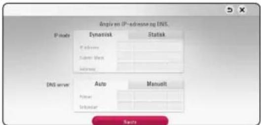 Anglo en IP-advisa og DNS. IP mode Dynatisk Statisk IP mode Subnet Work Instrus DNS server Auto Manualt Ajuster Inkustar Navita