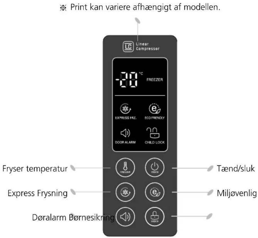 Print kan variere afhængigt af modellen. Linear Compressor -28 °C FREEZER EXPRESS FRZ. ECO FRIENDY DOOR ALARM CHILD LOCK Fryser temperatur Express Frysning Døralarm Børnesikring Tænd/sluk Miljøvenlig