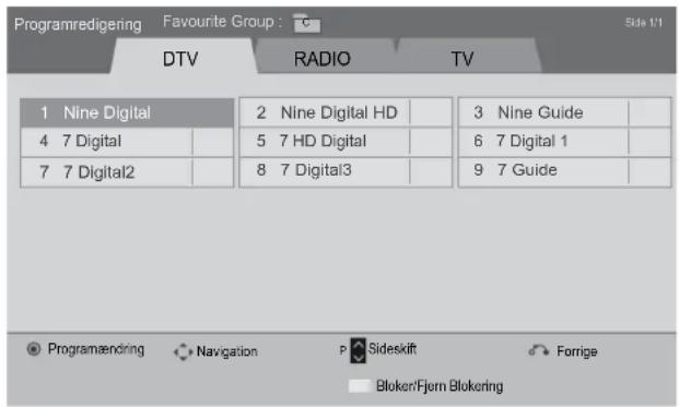 Programredigering Favourite Group : DTV RADIO TV 1 Nine Digital 2 Nine Digital HD 3 Nine Guide 4 7 Digital 5 7 HD Digital 6 7 Digital 1 7 7 Digital2 8 7 Digital3 9 7 Guide Programændring Navigation Sideskift Forrige Bloken/Fjorn Blokering