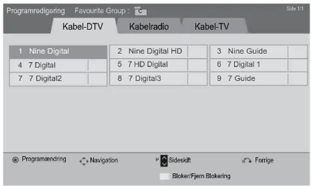 Programredigering Favourite Group : C Kabel-DTV Kabelradio Kabel-TV 1 Nine Digital 2 Nine Digital HD 3 Nine Guide 4 7 Digital 5 7 HD Digital 6 7 Digital 1 7 7 Digital2 8 7 Digital3 9 7 Guide Programændring Navigation Sideskift Forrige Blokert/Fjern Blokering