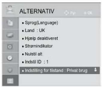 ALTERNATIV • Sprog(Language) • Land : UK • Hjælp deaktiveret • Strømindikator • Nulstil alt • Indstil ID : 1 • Indstilling for tilstand : Privat brug