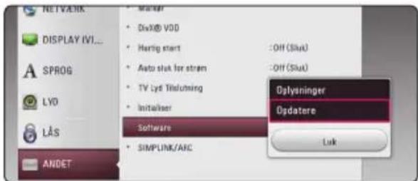 NETVARK DISPLAY IVI... SPROG LYD LAS ANDET • Manage • DxX® VDD • Hartig start • Auto slot for strain • TV Lyd Tildutning • Initialiser Software • SIMPLINK/AHC • Off (Slux) • Off (Slux) • Dglysninger • Ogdatere • Luk