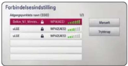 Forbindelsindstilling Adgangspunkets navn (SSID) 1/2 Belkim_N1_Wirees_ WPA(AES) uLGE WPA2(AES) uLGE WPA2(AES) Manuelt Trykmap