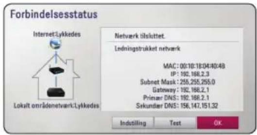 Forbindelsesstatus Internet:Lykkedes Lokalt onrådenetwork:Lykkedes Netverk tilskuttet. Ledningstruktur netverk MAC: 00:10:18:04:40:49 IP: 192, 168.2.3 Subnet Mask: 255,255,255.0 Gateway: 192, 168.2.1 Primer DNS: 192, 168.2.1 Sekundier DNS: 156, 147, 151.32 Indstilling Test OK