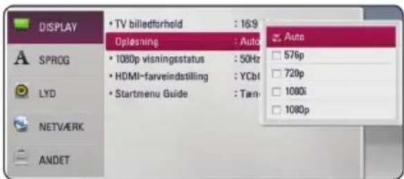 DISPLAY • TV billedforheld : 169 Oplasning : Auto • 1080p visningsstatus : 50Hz • HDMI-farveindstilling : YCbI • Startmenu Guide : Tann • Auto □ 576p □ 720p □ 1080i □ 1080p SPROG LYD NETVÆRK ANDET
