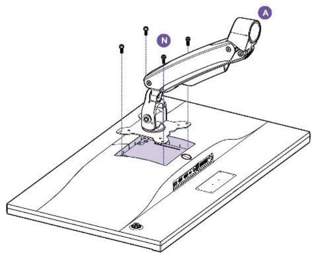 Technical diagram of a robotic arm with labeled parts A and N, showing assembly or positioning on a base platform.