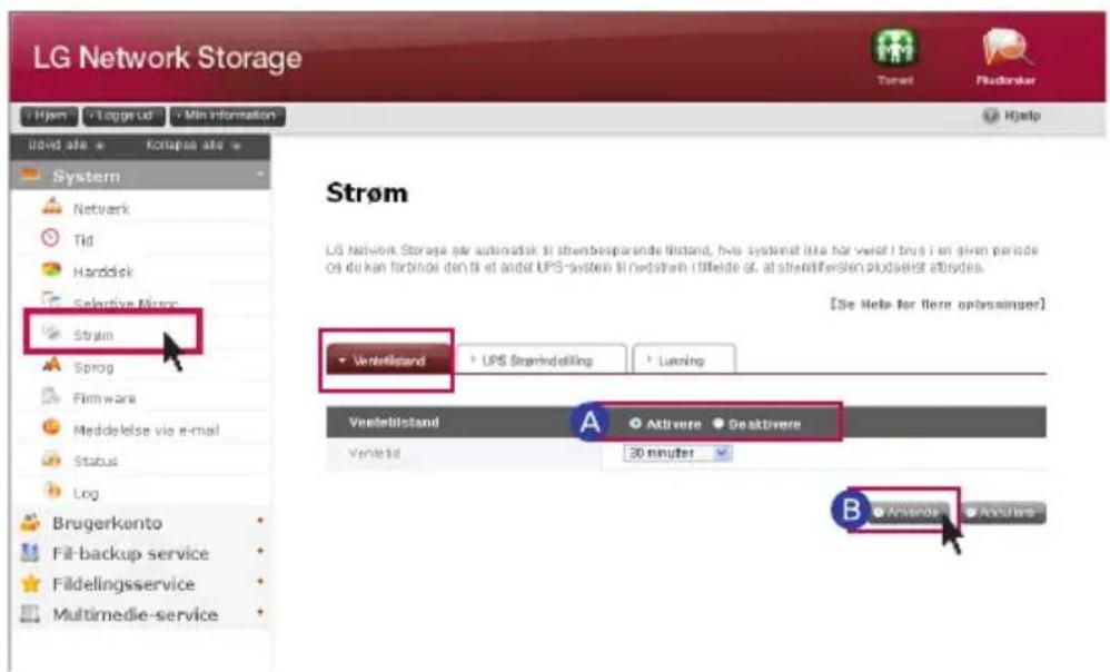 LG Network Storage Udvid atle Kollapse atle System Network Tid Harddisk Selective Mirror Strøm Sprøg Firmware Meddelelse via e-mail Status Log Brugerkonto Fill-backup service Fildelingsservice Multimedile-service Strøm Verdelisland + UPS Strøndindelling + Lurning Verdelisland A Aktivere B De aktivere 30 minufter [Se Help for flere oplassninger] B Advente Advente