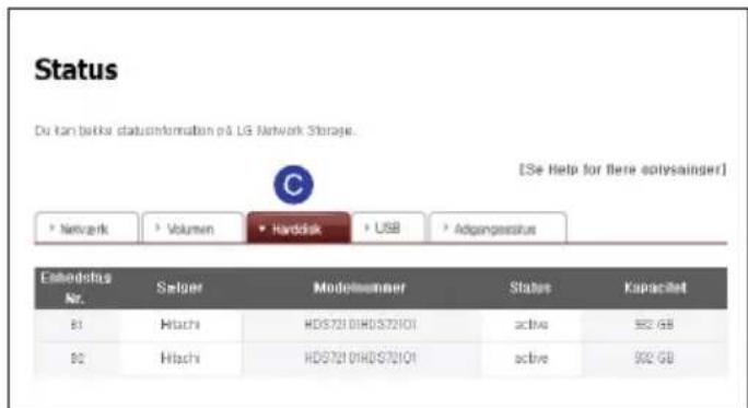 Status Du kan belkka statuformation og LG Network Storage. [Se Help for here sotysainger] * Network * Volumen * Harddisk * USB * Adgangstatus Embedstag Nr. Selger Modelnummer Status Kapacitet 81 Hitachi HDS721 01HDS72101 active 952 GB 82 Hitachi HDS721 01HDS72101 active 952 GB