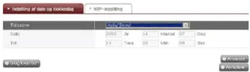 Indstilling af data og Klokkeslag NTP-indstilling Tidzone Data 2006 Jar 11 Method 07 Dog Tid 13 Time 28 Min 09 Set Drug Level 5d Anrende Arrutere