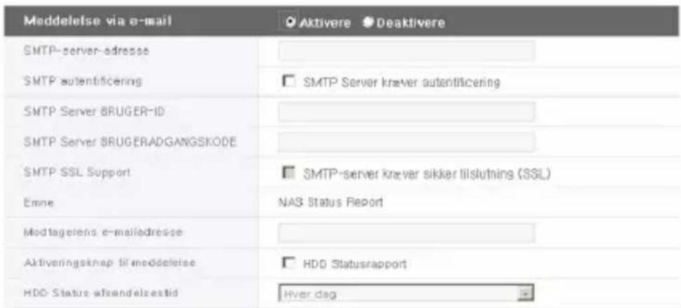 Meddelelse via e-mail SMTP-server-adresse SMTP autentificering SMTP Server BRUGER-ID SMTP Server BRUGERADGANGSKODE SMTP SSL Support Emne Modtagelens e-mailedresse Aktiveringskap til moddelelse HDD Statusafzandelszetid SMTP Server kræver autentificering SMTP Server kræver sikker tilslutning (SSL) NAS Status Report HDD Statusrapport Hver dag